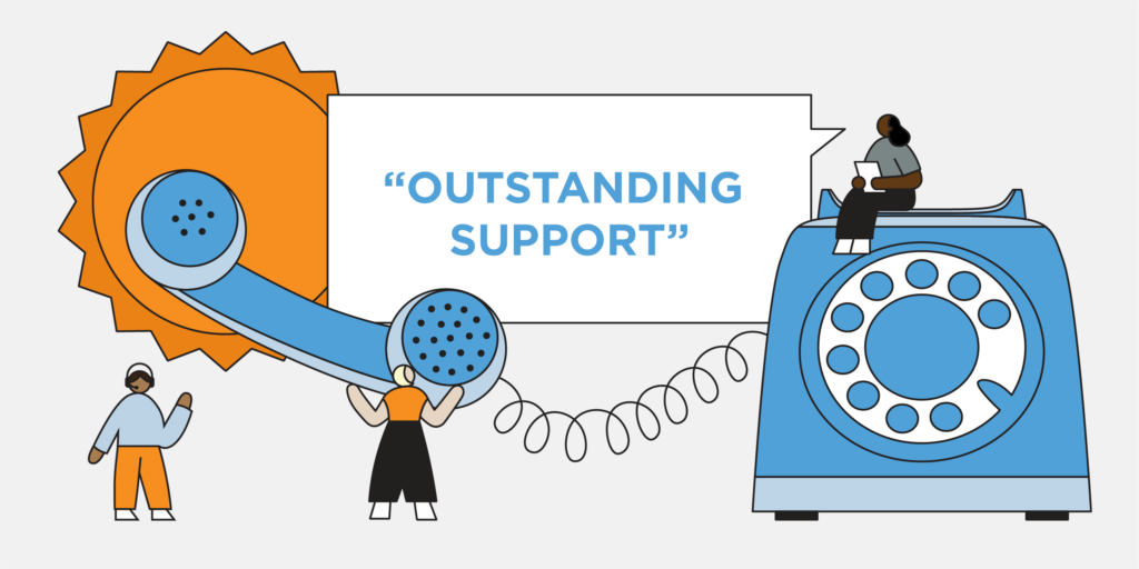 Graphic with telephone and sun graphic and large bodied characters with quote, "Outstanding Support"