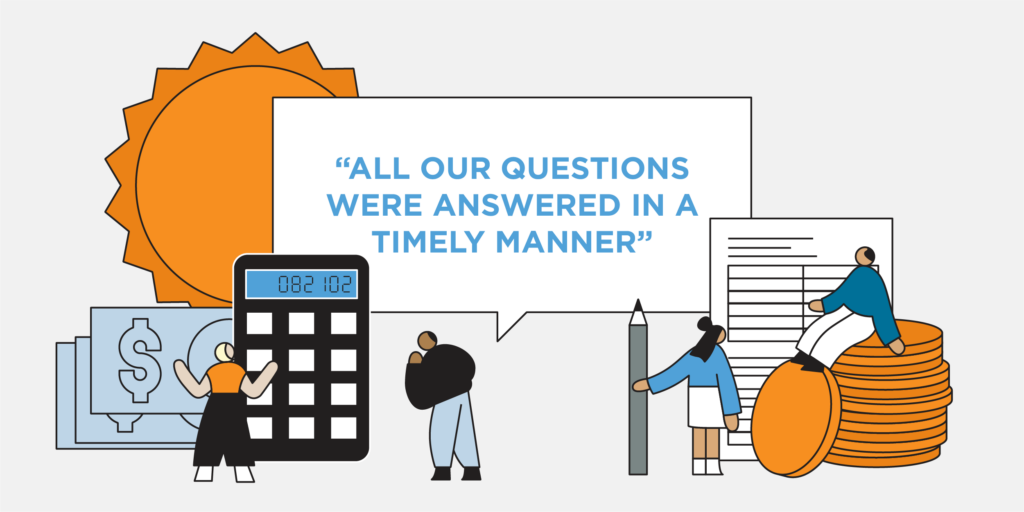 Graphic with dollar bills, calculator, coins, agreements, sun and large bodied characters with quote in the middle