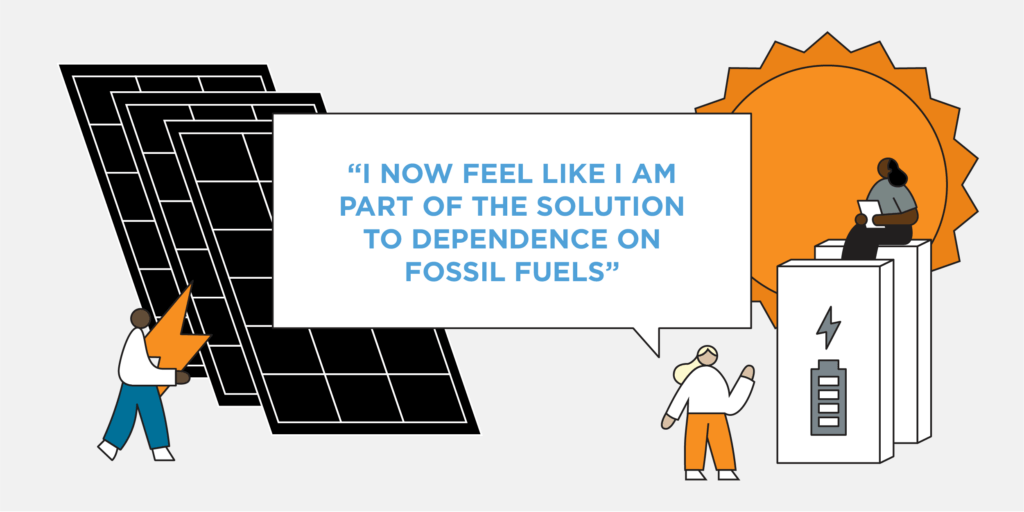 Graphic with batteries, solar panels, sun graphic and large bodied characters with quote in the middle