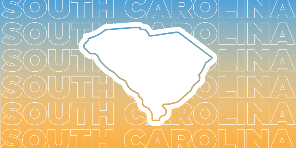 Save with Solar Incentives in South Carolina-01 The image has a blue-to-orange gradient background with "SOUTH CAROLINA" repeated in the background. A white outline of South Carolina is in the center.