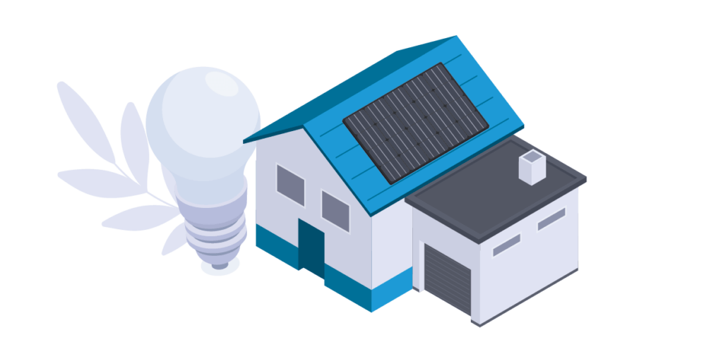 Graphic in grey and blue featuring a light bulb and house with blue roof and solar panel installation