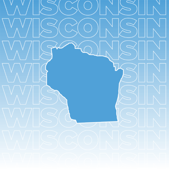 White text outline of "Wisconsin" repeated and overlaid on a gradient background fading from blue to white including a blue outline of the state